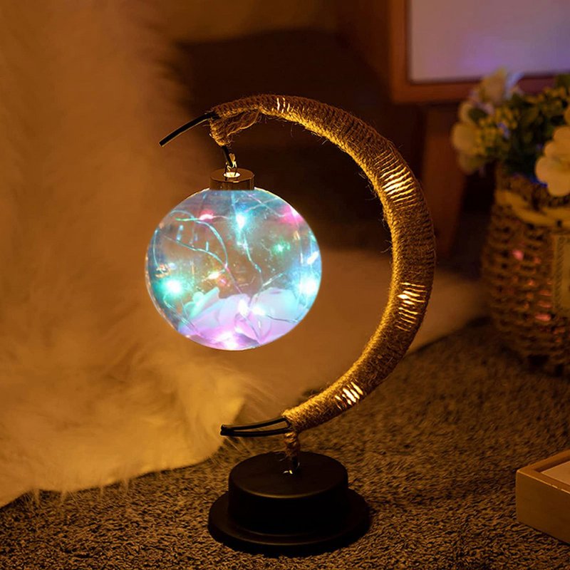 Christmas Led Night Light Moon Shaped Handmade Jute Twine Lunar Lamp