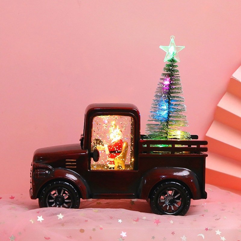 Christmas  Ornaments Creative Luminous Irrigation Car Retro Pickup Truck Model Desktop Decoration Red car + glowing cedar tree