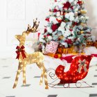 Christmas Reindeer Pulling Sled Set With LED Lights Bows Luminous Decorative Ornaments Party Supplies For Christmas Decoration US plug