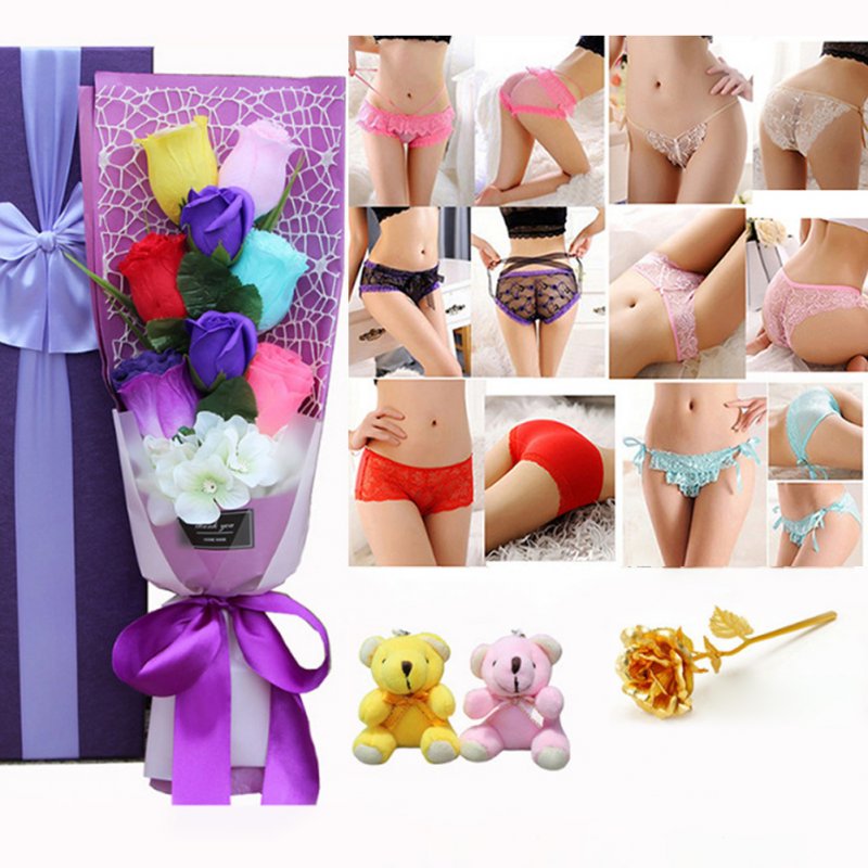 Christmas Valentine's Day Surprise Gift for Wife Girlfriend Birthday Gift Rose Underwear Bouquet Gift Box 6-color bouquet + 2 bear purple box (90-105 kg)