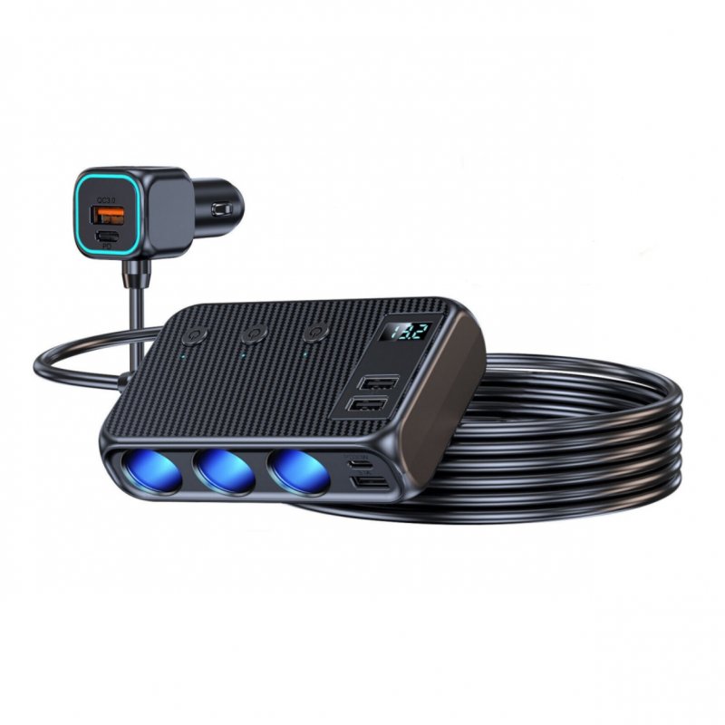 Cigarette Lighter Plug Splitter 171W 12V/24V 1 QC 3.0+2 PD+3 USB Ports USB Charger Extension Cord Multi-Port Power Plug LED Display Voltage 3 Independent On/off Switches black