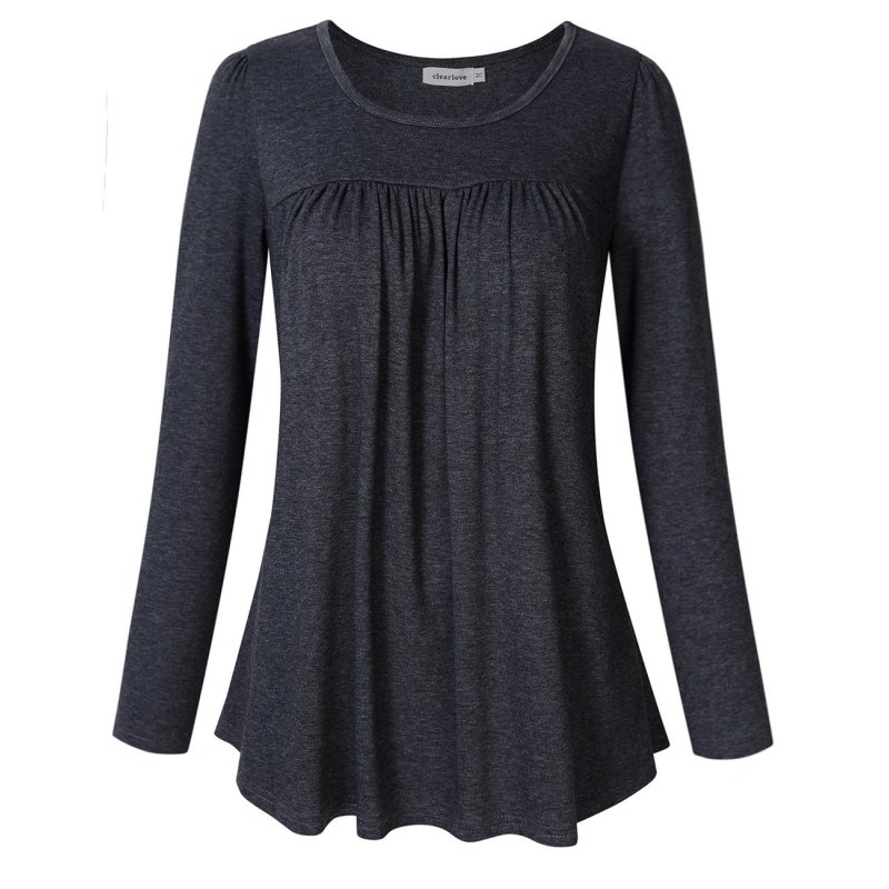 Clearlove Women Scoop Neck Pleated Top Blouse Long Sleeve Tunic Shirt Dark grey_2XL