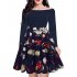 Clearlove Women s Boat Neck Long Sleeve Vintage Casual Floral A Line Party Dress