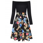 Clearlove Women s Boat Neck Long Sleeve Vintage Casual Floral A Line Party Dress