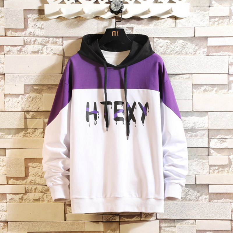 Contrast Color Hoodies Sweater with Letters Decor Casual Loose Pullover for Man white_L