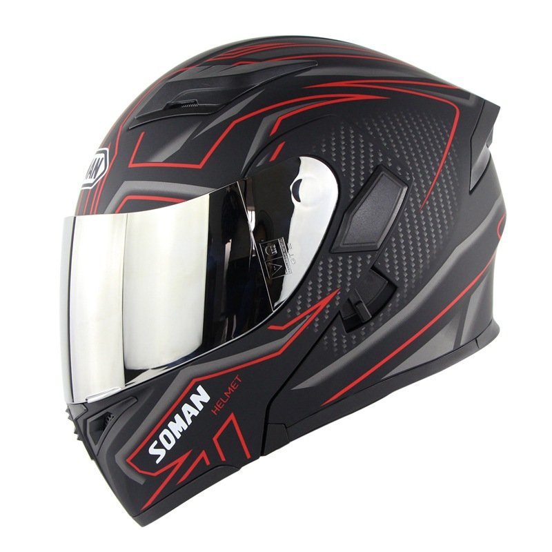 Cool Unisex Double Lens Flip-up Motorcycle Helmet Off-road Safety Helmet Line red with silver lens_L