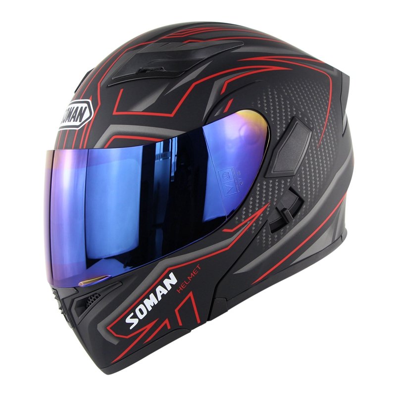 Cool Unisex Double Lens Flip-up Motorcycle Helmet Off-road Safety Helmet Line red with blue lens_XL