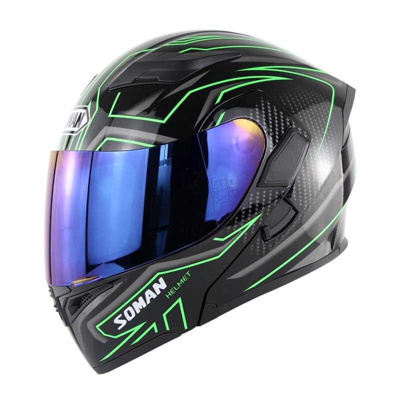 Cool Unisex Double Lens Flip-up Motorcycle Helmet Off-road Safety Helmet Line green with blue  lens_M
