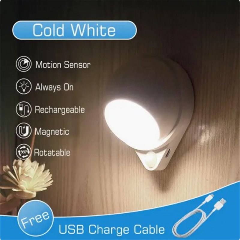 Cordless LED Light Smart Motion Sensor 360 Degree Rotating Bedside Wall Lamp USB Charging Magnetic Suction Night Light For Cabinet Stair Bedroom Closet Bathroom white light