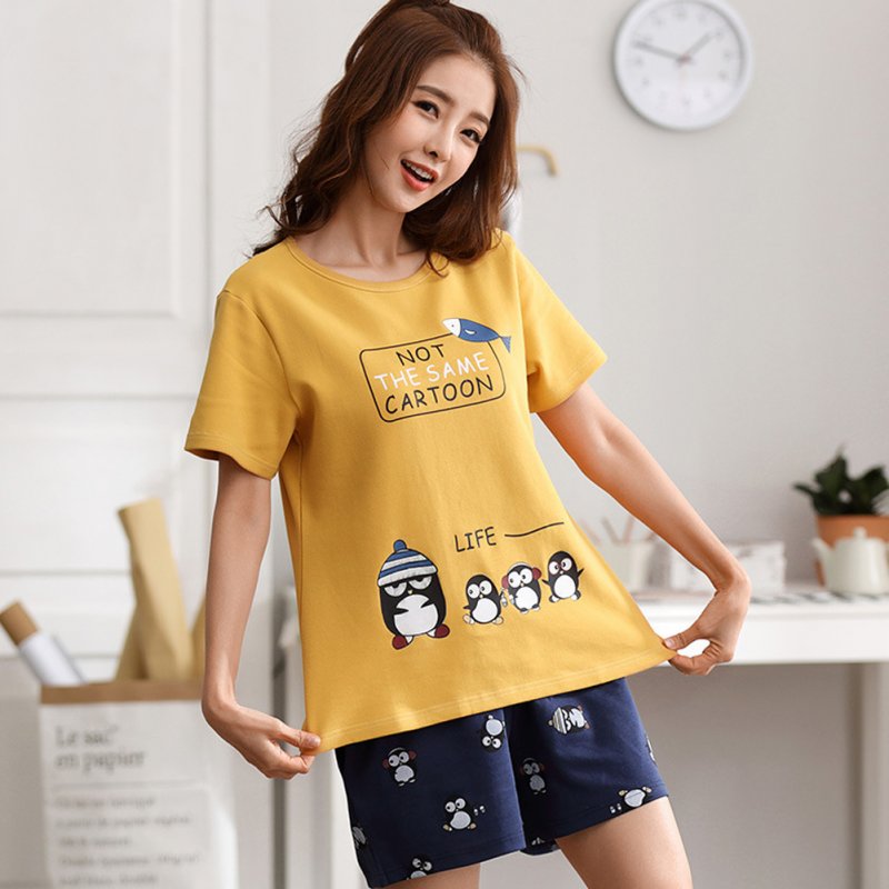 Couple Summer Thin Cotton Cute Short-sleeved Pajamas Two-piece Suit Home Wear 711-2 women_M