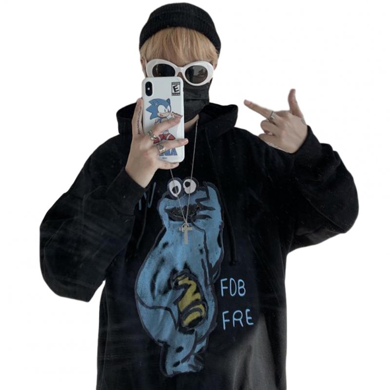 Couples Long-sleeved Hoodies Fashion Cartoon printing pattern Loose Fleece Hooded Long Sleeve Top Black _L