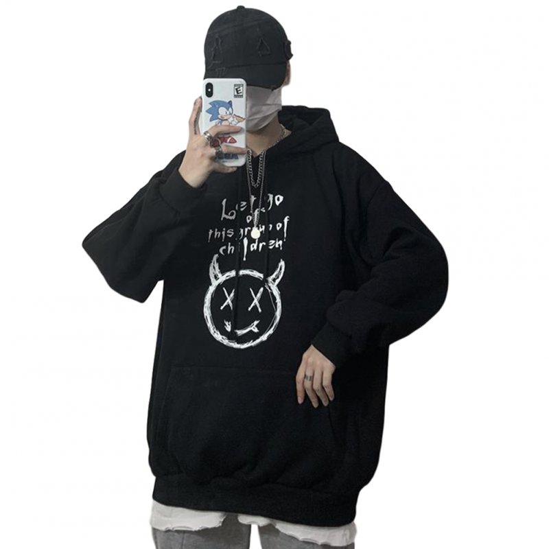 Couples Long-sleeved Hoodies Fashion Retro hand-painted graphic alphabet printing pattern Loose Fleece Hooded Long Sleeve Top Black_M