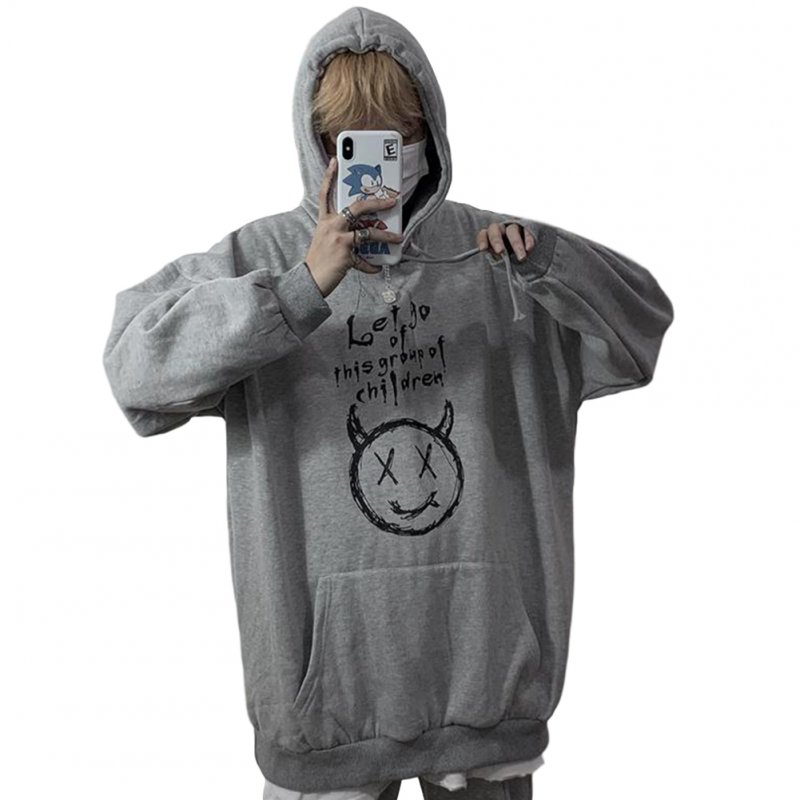 Couples Long-sleeved Hoodies Fashion Retro hand-painted graphic alphabet printing pattern Loose Fleece Hooded Long Sleeve Top Gray _XL