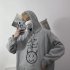 Couples Long sleeved Hoodies Fashion Retro hand painted graphic alphabet printing pattern Loose Fleece Hooded Long Sleeve Top Gray  XL