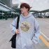 Couples Long sleeved Hoodies Fashion Hip hop printing pattern Loose Hooded Long Sleeve Top Gray  L