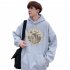 Couples Long sleeved Hoodies Fashion Hip hop printing pattern Loose Hooded Long Sleeve Top Gray  M