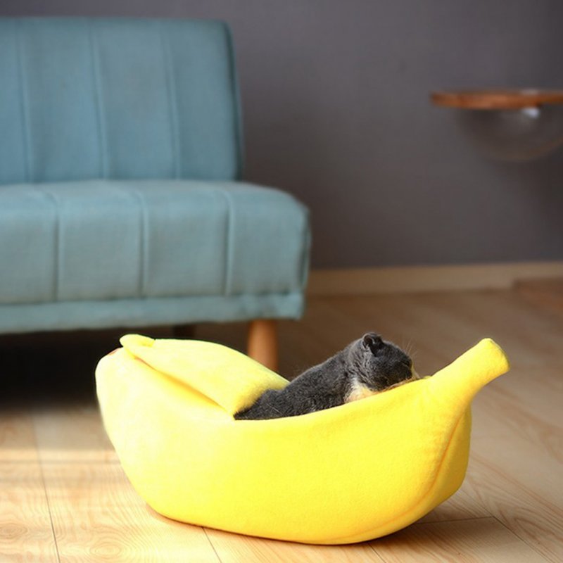 Cute Banana Peel Shape Pet Nest Warm House for Dog Cat Winter Sleeping yellow_Medium