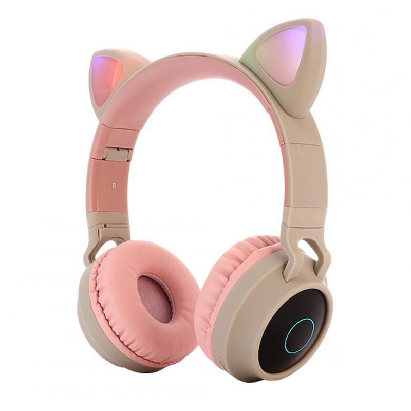 Cute Cat Ear Bluetooth 5.0 Headphones Foldable On-Ear Stereo Wireless Headset with Mic LED Light Support FM Radio/TF Card/Aux in for Smartphones PC Tablet  Pink gray