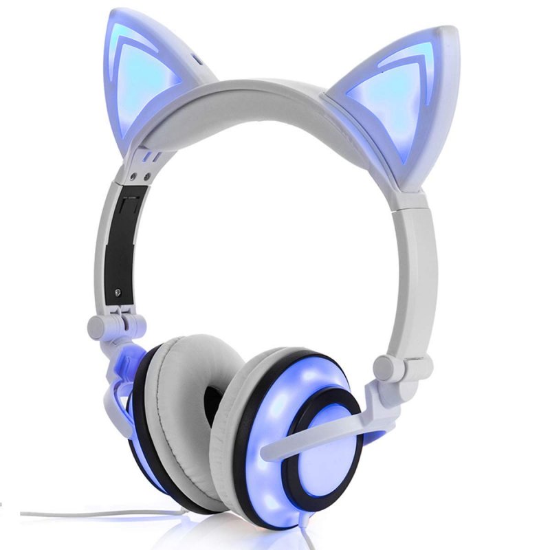 Cute Cat Ear Headset LED Light with USB Chargeable Foldable Earphones for Ipad,Tablet,Computer,Mobile Phone  white