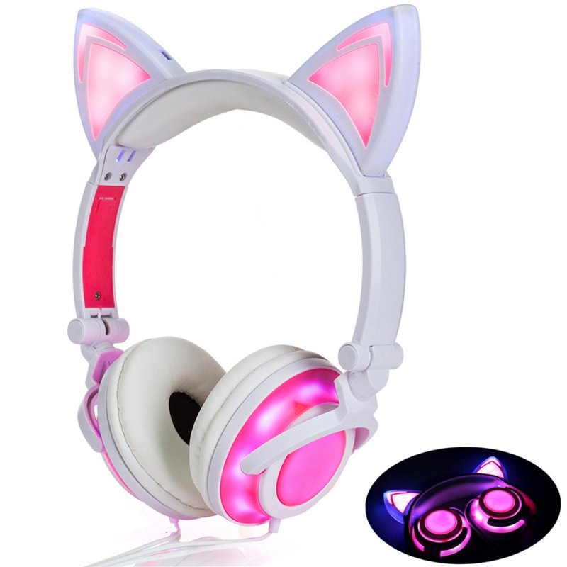 Cute Cat Ear Headset LED Light with USB Chargeable Foldable Earphones for Ipad,Tablet,Computer,Mobile Phone  Pink