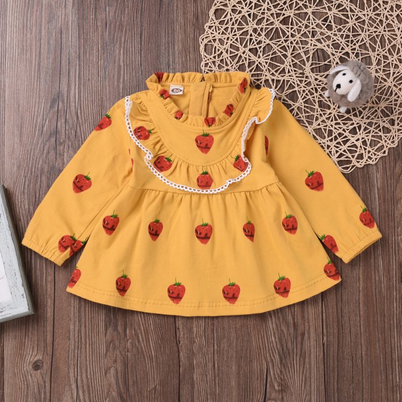 Cute Zippered Girls Dress Long Sleeves and Flouncing Collar Skirt with Strawberry Decorated yellow_90cm