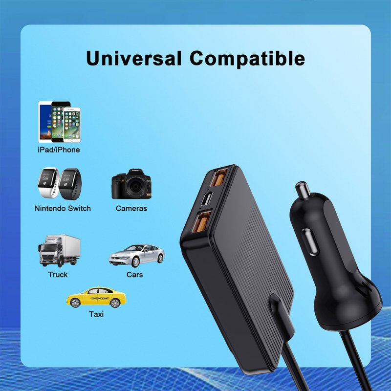 Car Charger 74W QC3.0 PD18W 4 Ports Fast Charging Adapter With Rear Seat Charging Cable Charger For 12-24V Vehicle 