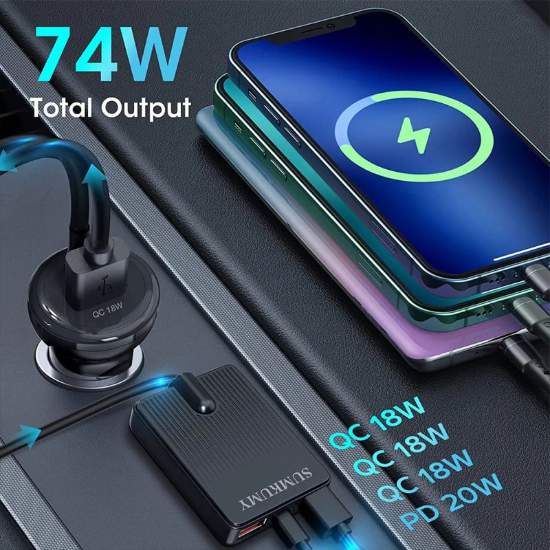 Car Charger 74W QC3.0 PD18W 4 Ports Fast Charging Adapter With Rear Seat Charging Cable Charger For 12-24V Vehicle 