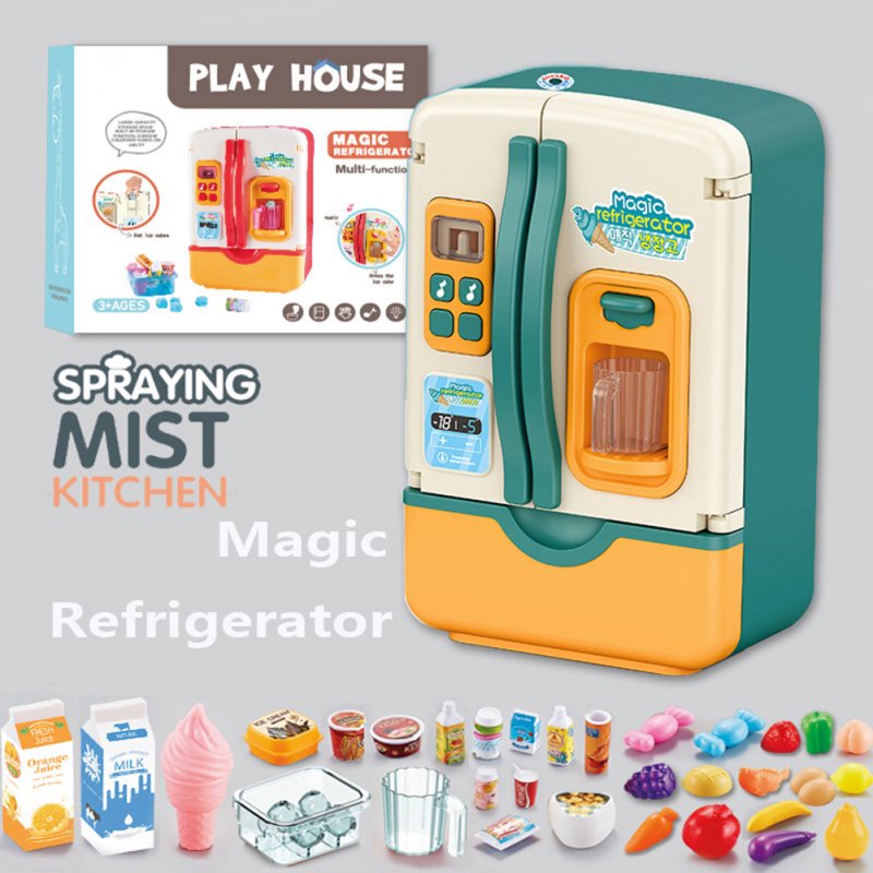 39pcs Kids Fridge Refrigerator With Ice Dispenser Play Kitchen Set With Accessories Pretend Play Toys With Light Spray For Boys Girls Birthday Gifts 