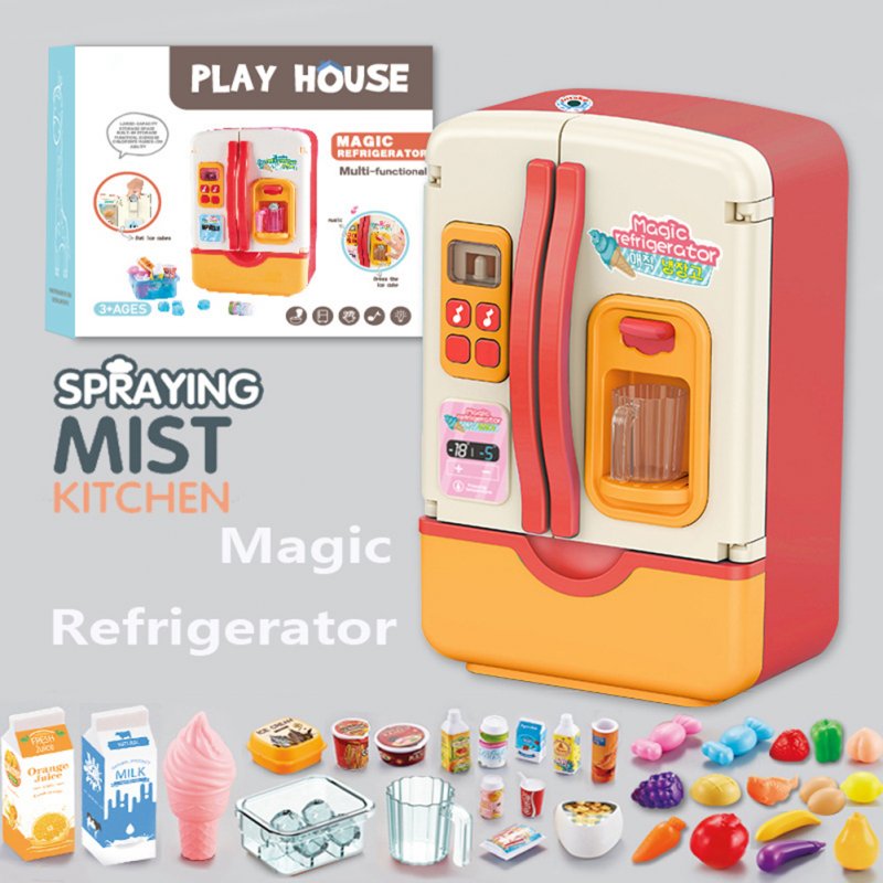 39pcs Kids Fridge Refrigerator With Ice Dispenser Play Kitchen Set With Accessories Pretend Play Toys With Light Spray For Boys Girls Birthday Gifts 