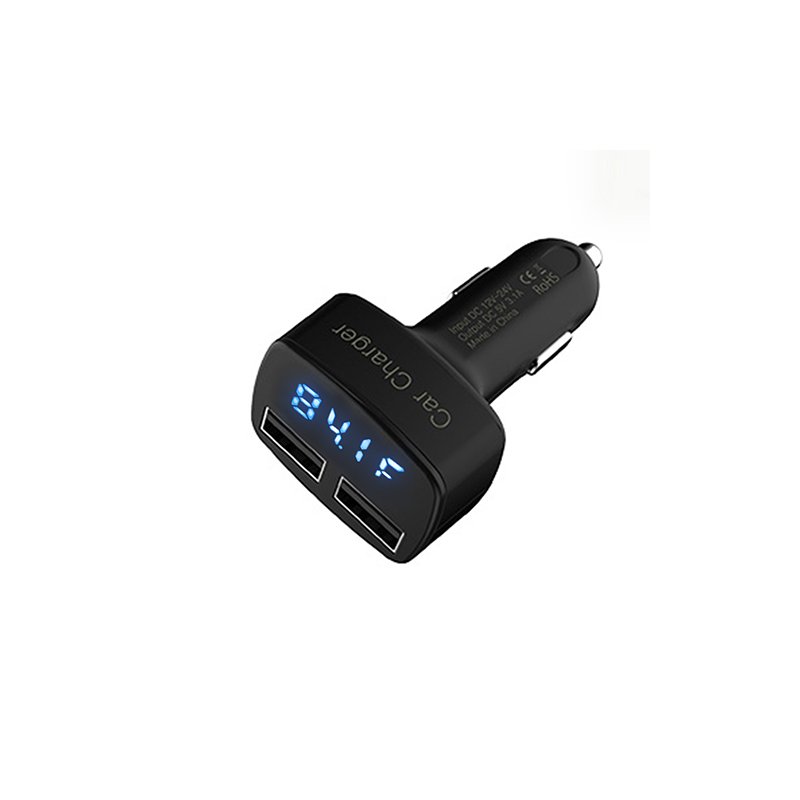 DC 5V 3.1A 4 in 1 LED Digital Voltmeter Ammeter Thermometer Dual USB Universal Car Charger Voltage Current Temperature Meter Black blue light