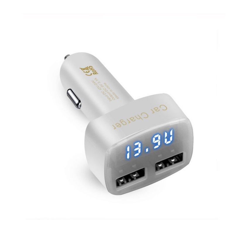 DC 5V 3.1A 4 in 1 LED Digital Voltmeter Ammeter Thermometer Dual USB Universal Car Charger Voltage Current Temperature Meter White blue light