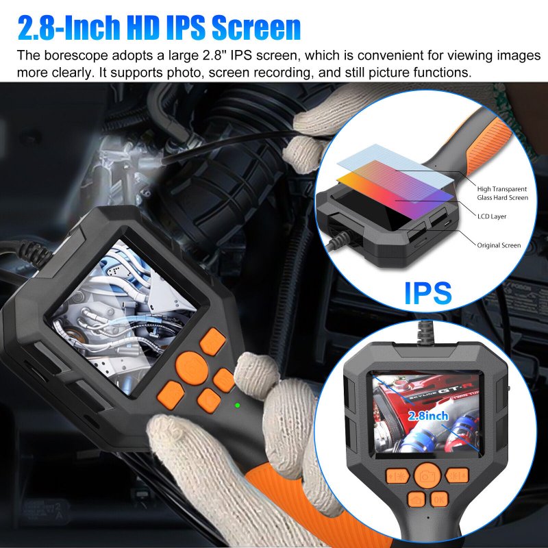 HD 1080P Led Handheld Borescope 2.8-inch Ips Screen 8mm Inspection Camera Industrial Endoscope for Auto Repair 