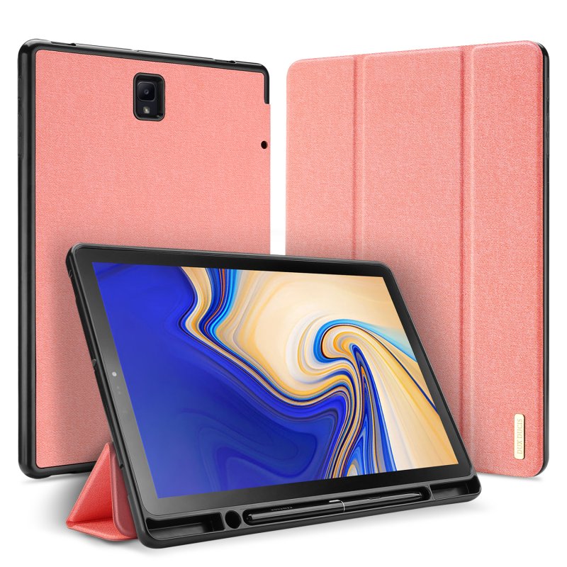 DUX DUCIS For Samsung TAB S4 10.5 Simple Solid Color Smart PU Leather Case Anti-fall Protective Stand Cover with Pencil Holder Sleep Function  Pink_Samsung TAB S4 10.5