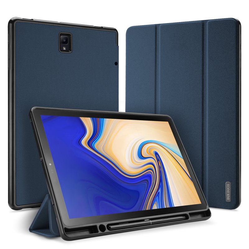 DUX DUCIS For Samsung TAB S4 10.5 Simple Solid Color Smart PU Leather Case Anti-fall Protective Stand Cover with Pencil Holder Sleep Function  blue_Samsung TAB S4 10.5