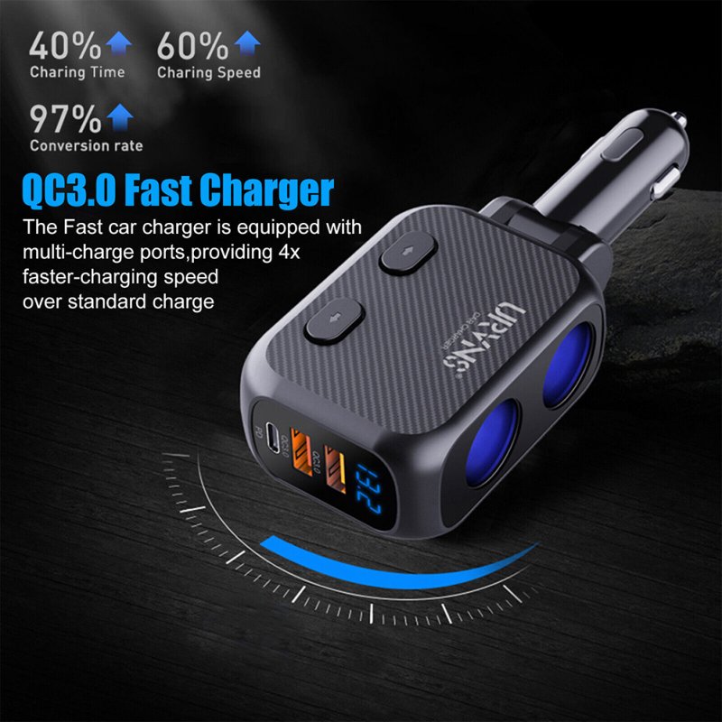 Car Charger 180W 2-Socket Cigarette Lighter Splitter Dual QC 3.0 Quick Charge 1 Type-C Port Adapter LED Voltmeter 