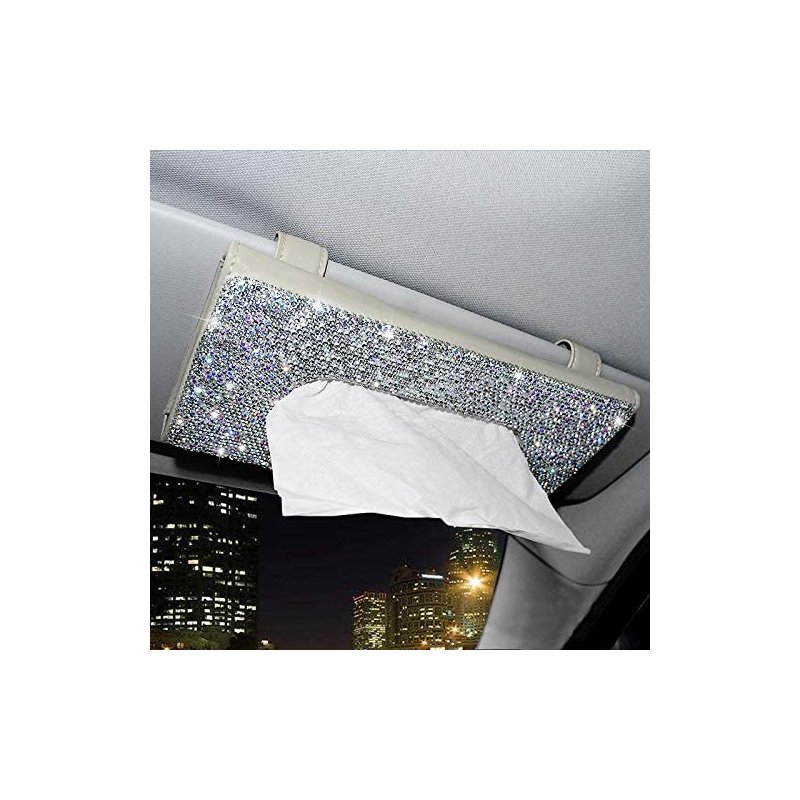 Diamond-encrusted  Tissue  Box Car Sun Visor Napkin Holder Creative Pu Leather Backseat Tissue Case Car Accessories White diamond beige
