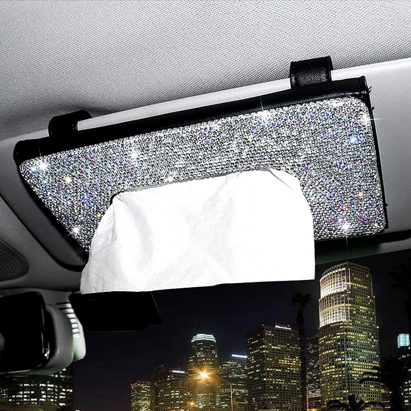 Diamond-encrusted  Tissue  Box Car Sun Visor Napkin Holder Creative Pu Leather Backseat Tissue Case Car Accessories White diamond black