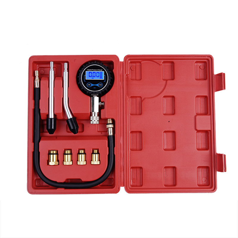 Digital Compression Tester Pressure Gauge Tester Kit Motor Auto Gas Engine Cylinder Motorcycle Pressure Gauge (With plastic tool box) red box