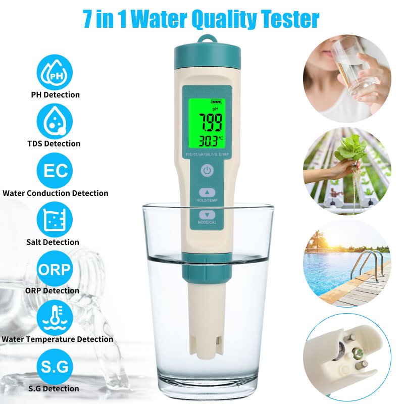 Digital PH Tester 7 In 1 TDS/EC/ORP/Temp/PH Meter Test Water Quality Monitor PH Tester For Household Drinking Hydroponics ph129bl (without battery)