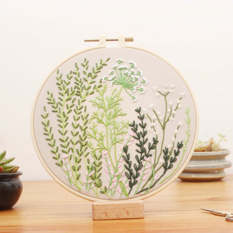 Diy Embroidery Starter Kit with Plants Flowers Pattern+ Hoops Kit  Material package + 20cm imitation bamboo embroidery stretch