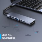 Dj1008 6 in 1 Usb  C  Hub  Usb C To Hdmi compatible Usb Tf Sd Adapter  Compatible For Macbook pro air  Android Phone  Laptops  Tablet grey