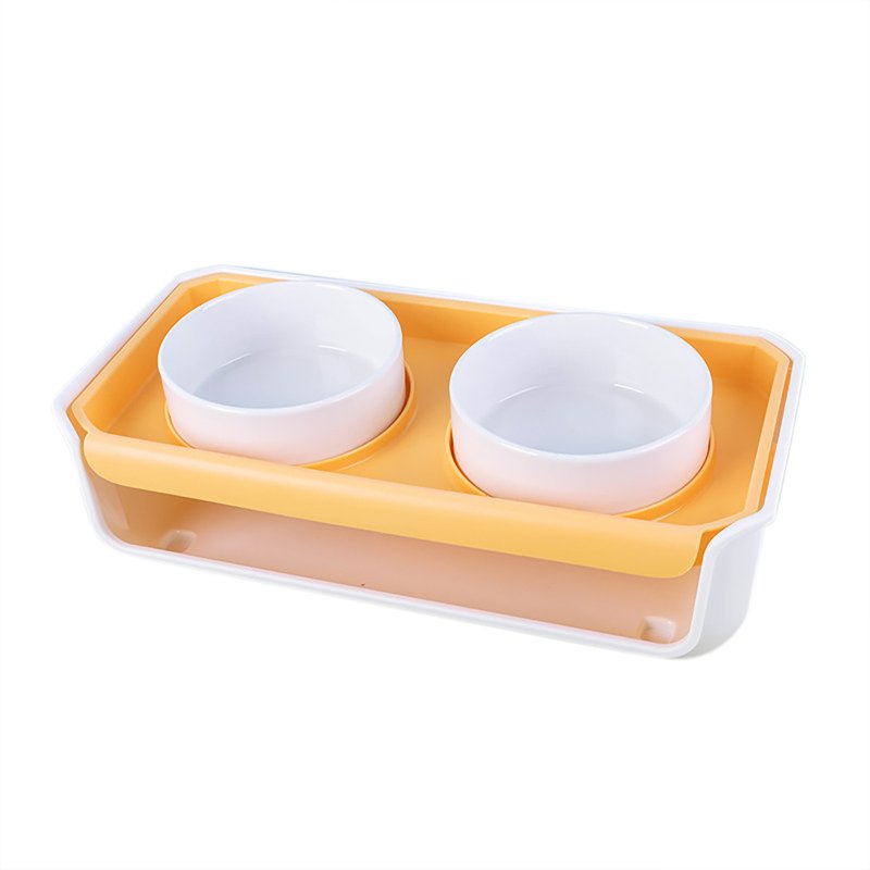 Double Cat Dog Bowl Food Water Ceramic Bowl Adjustable Oblique Neck Protection Pet Feeder For Kitten Puppy yellow