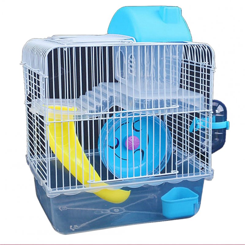 Double Layer Villa Shape Iron Wire Cage with Feeding Bowl Running Wheel Slide Toy for Pet Hamster blue_23*17*28cm