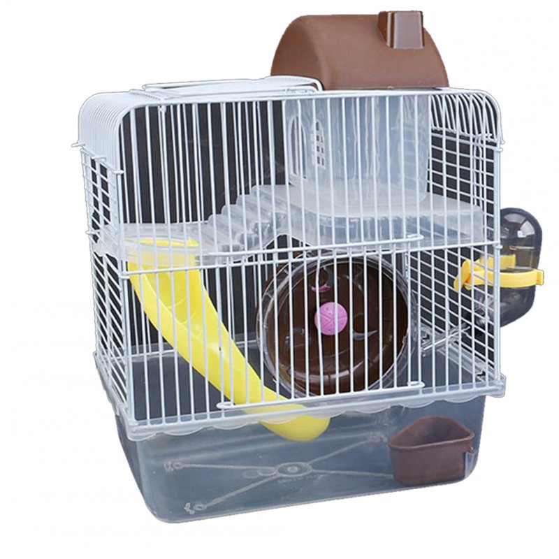 Double Layer Villa Shape Iron Wire Cage with Feeding Bowl Running Wheel Slide Toy for Pet Hamster Brown_23*17*28cm