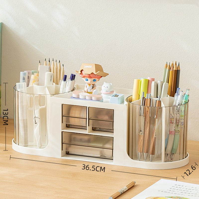 Double Rotating Desk Organizer With 3 Drawer, 2 Rotating Pen Holders, 1 Top Storage Box, Large Capacity Pencil Holder Cosmetic Display Case, For Home, School gray