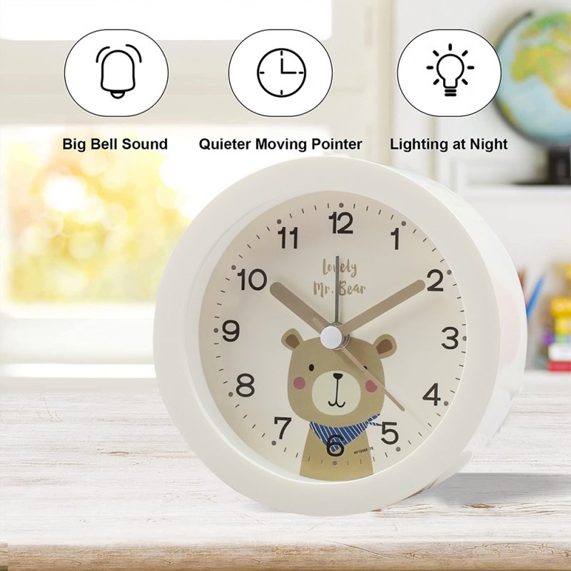 Children Cute Cartoon Animal Round Alarm Clock Portable Bedside Ultra-quiet Sweeping Soft Warm-light Night Lamp Small Table Clock 
