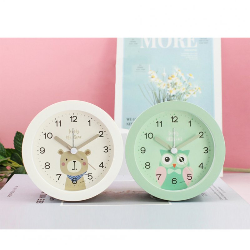 Children Cute Cartoon Animal Round Alarm Clock Portable Bedside Ultra-quiet Sweeping Soft Warm-light Night Lamp Small Table Clock 