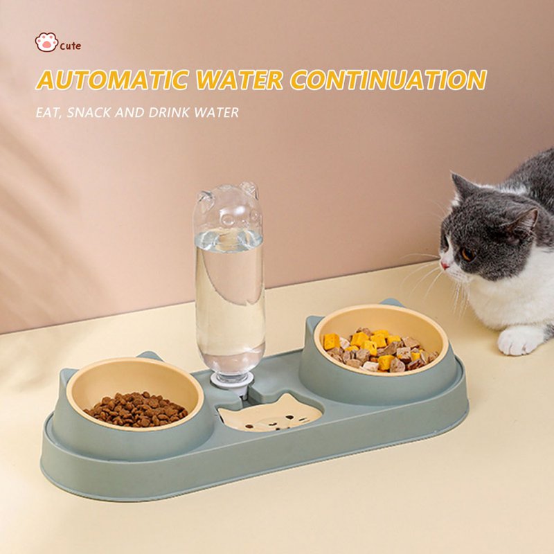 Pet Cat Double Bowls Anti-overturning Neck Protection Dog Automatic Food Bowl Water Dispenser Container 