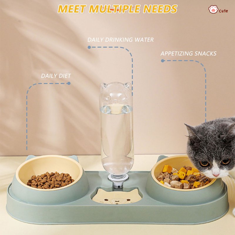 Pet Cat Double Bowls Anti-overturning Neck Protection Dog Automatic Food Bowl Water Dispenser Container 