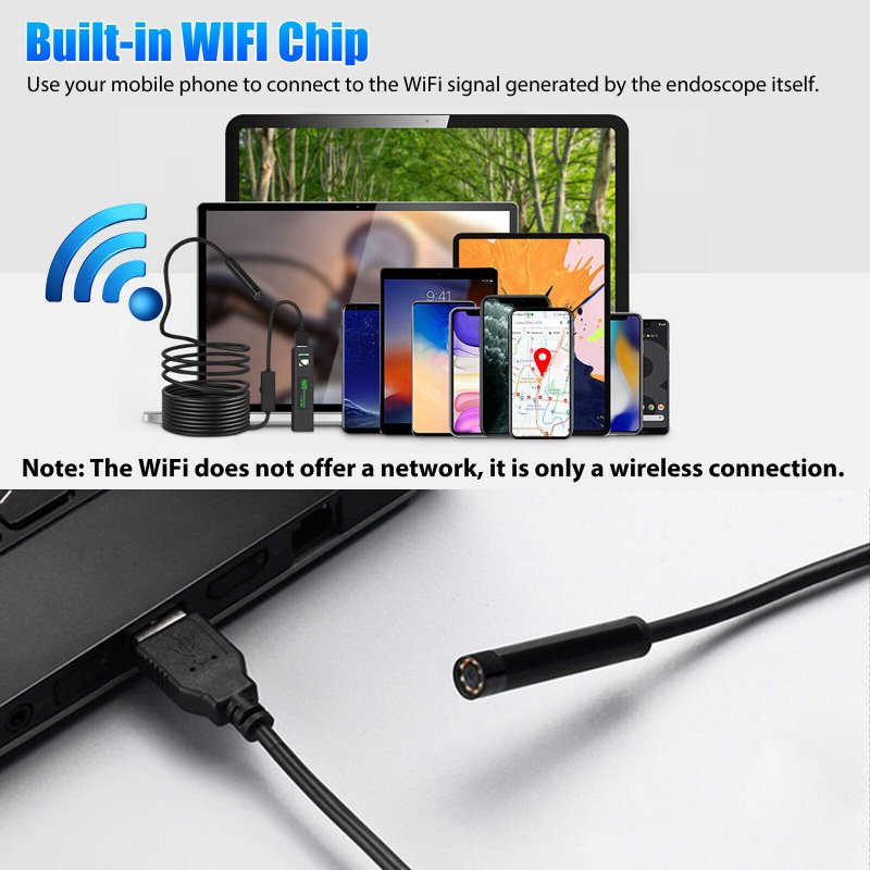 HD Wireless Wifi Borescope Endoscope Industrial Pipeline Inspection Camera Compatible for iOS Android 